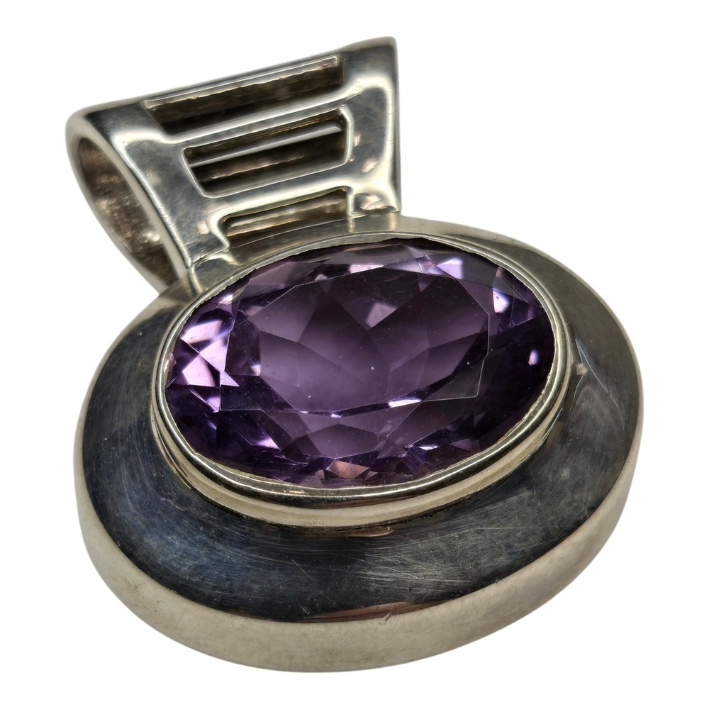 Vintage Amethyst Pendant‎ Purple Sterling Silver 925 Oval Modernist